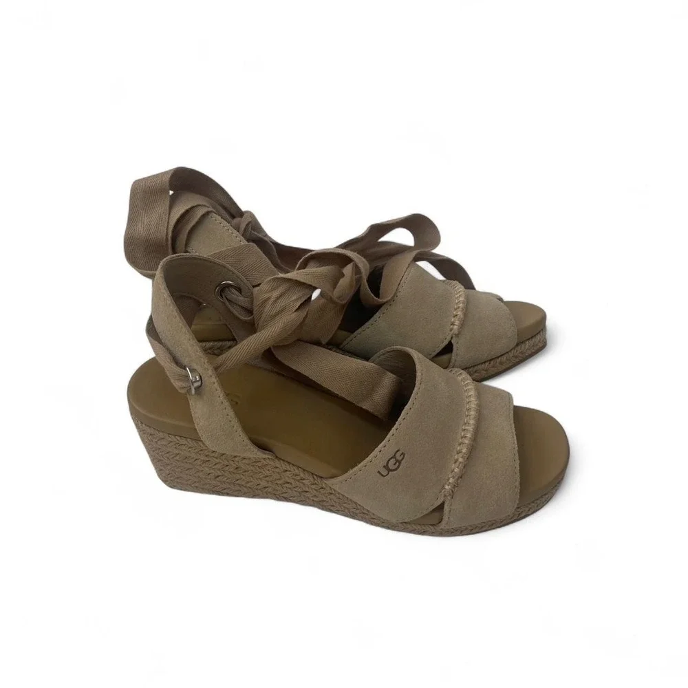 UGG Yarrow Suede Espadrille Wedge Sandals Tan Ankle Tie 1107957 Womens